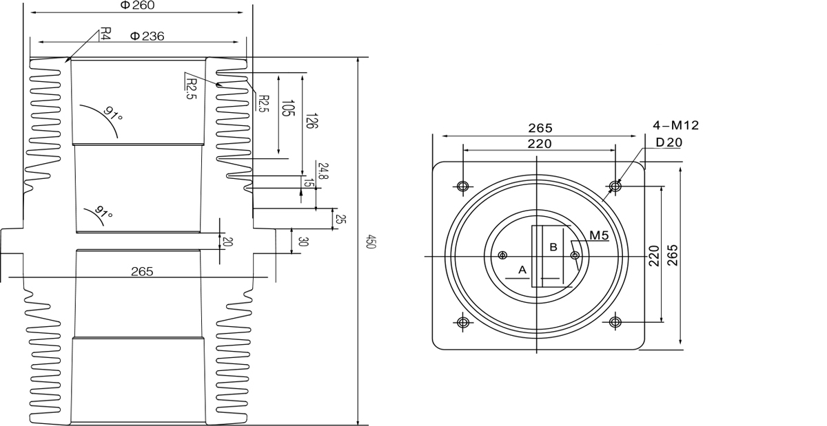 35KV Wall Bushing Shielding 220×220×450 - TG3-35KV Optimized 2500-4000A IP68 Resilient