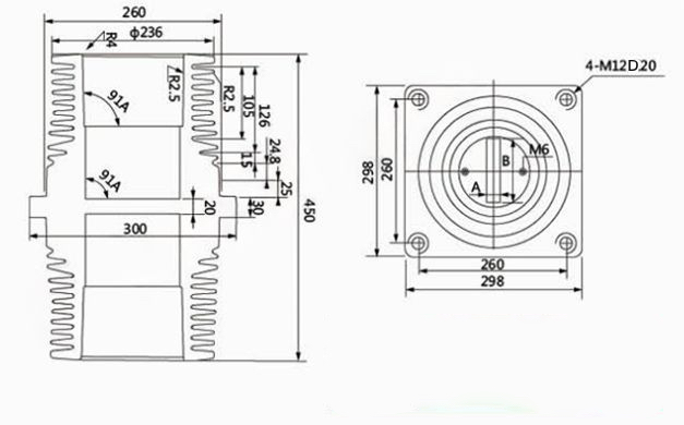 35KV Wall Bushing Shielding 260×260×450 - TG3-35KV High-Voltage 3150-5000A IP68 Durability