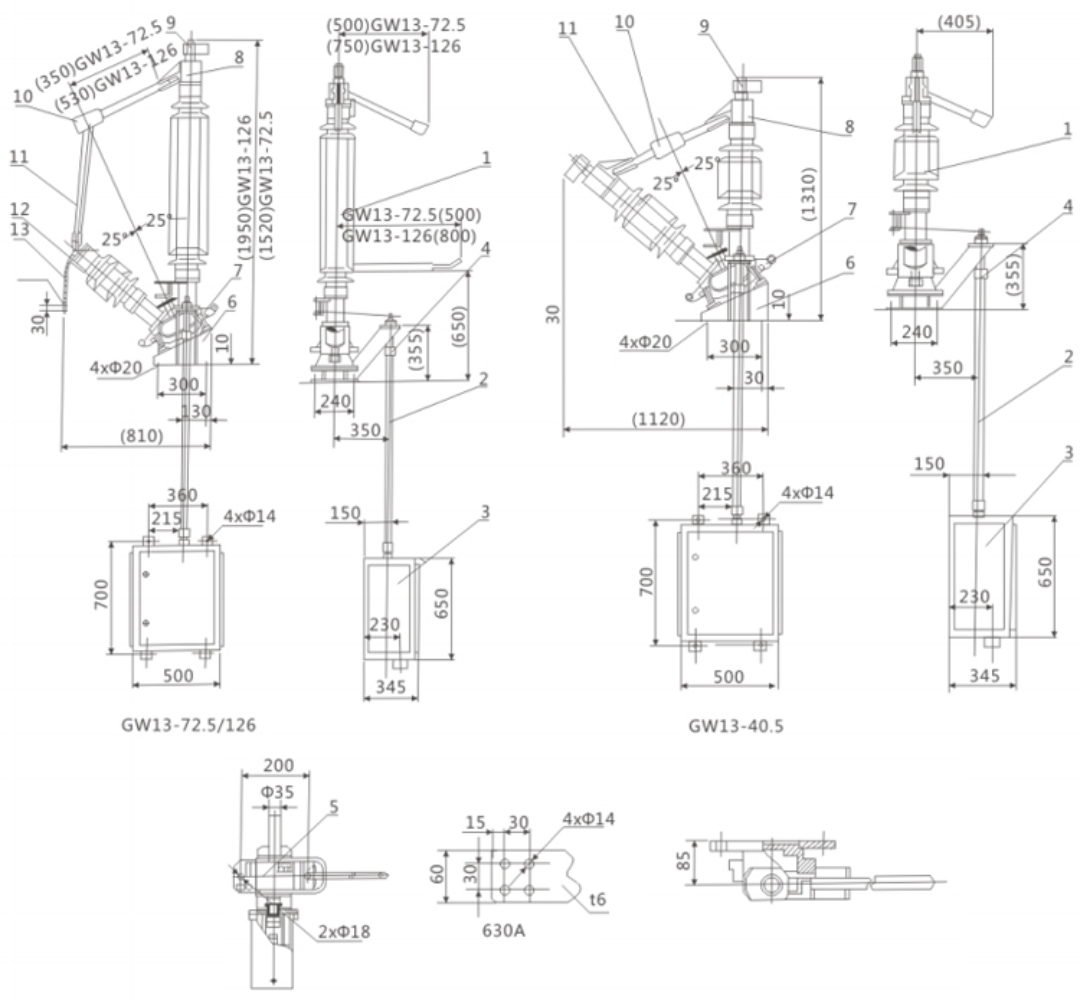 GW13 Outdoor Neutral Disconnecting Switch 40.5-126kV 630A - 50° Pillar Insulator Intersection 25° Tilted Bracket CS17G Manual CJ6 Electric Mechanism