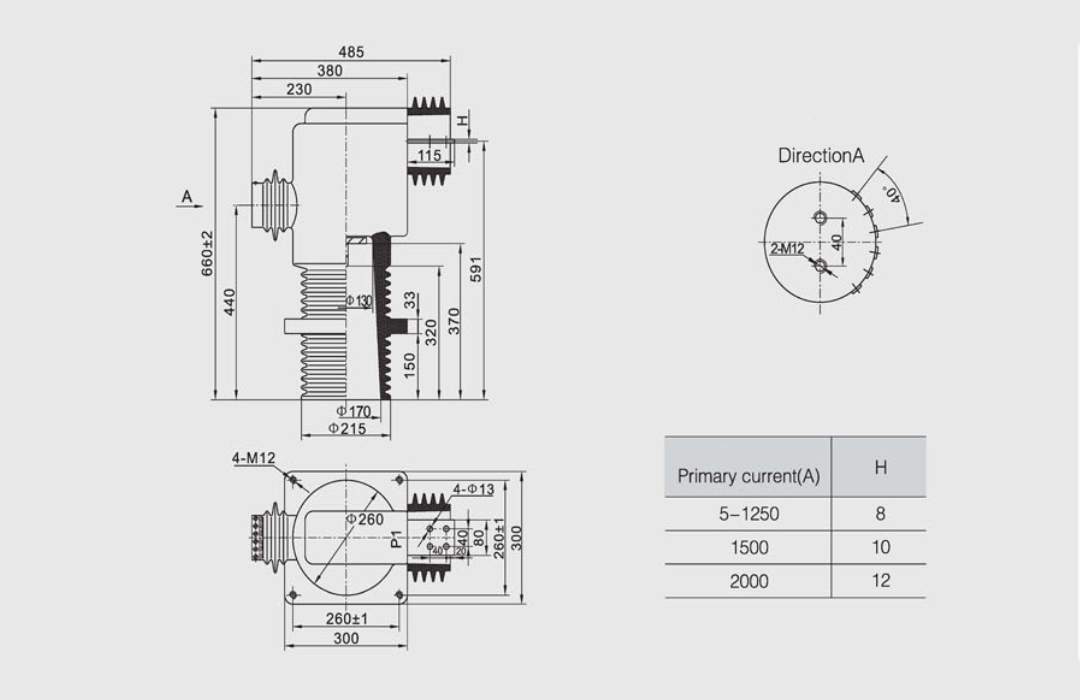 LDJ1-35H-300 Current Transformer 35kV Indoor Epoxy Resin - 5-2000A 0.2S 0.5S5P Class 150×In Thermal 375×In Dynamic 40.5 95 185kV Multi-Winding GB1208 IEC60044-1